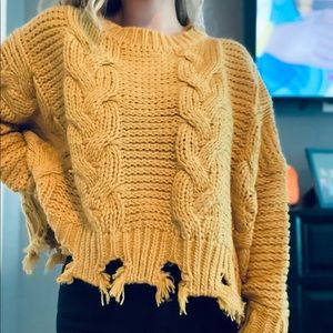 She + Sky distressed crop sweater top in mustard